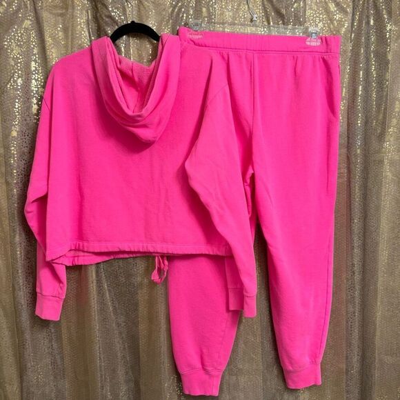 PINK Victorias Secret Cinched Crop Hoodie & Sweatpants Atomic Pink Set L/XL - Picture 2 of 11